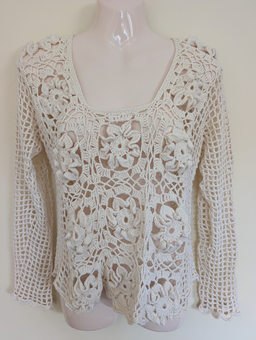 Vintage Crochet Long Sleeve Sweater Top Cream